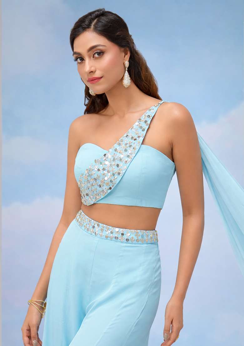 Ice Blue Crepe Handwork Fusion Set - Indya