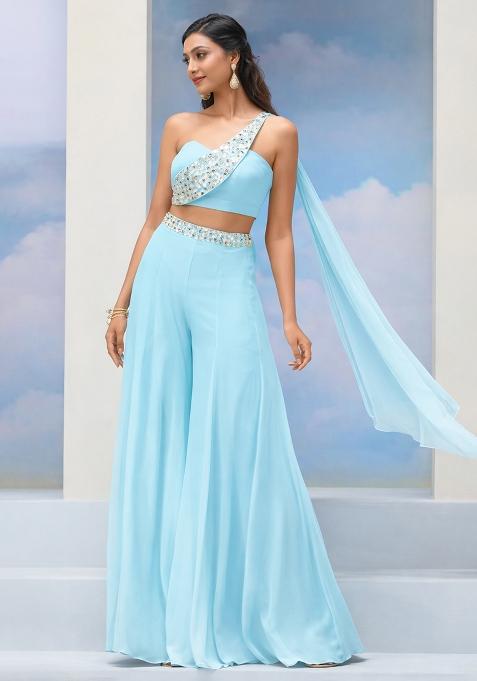 Ice Blue Crepe Handwork Fusion Set