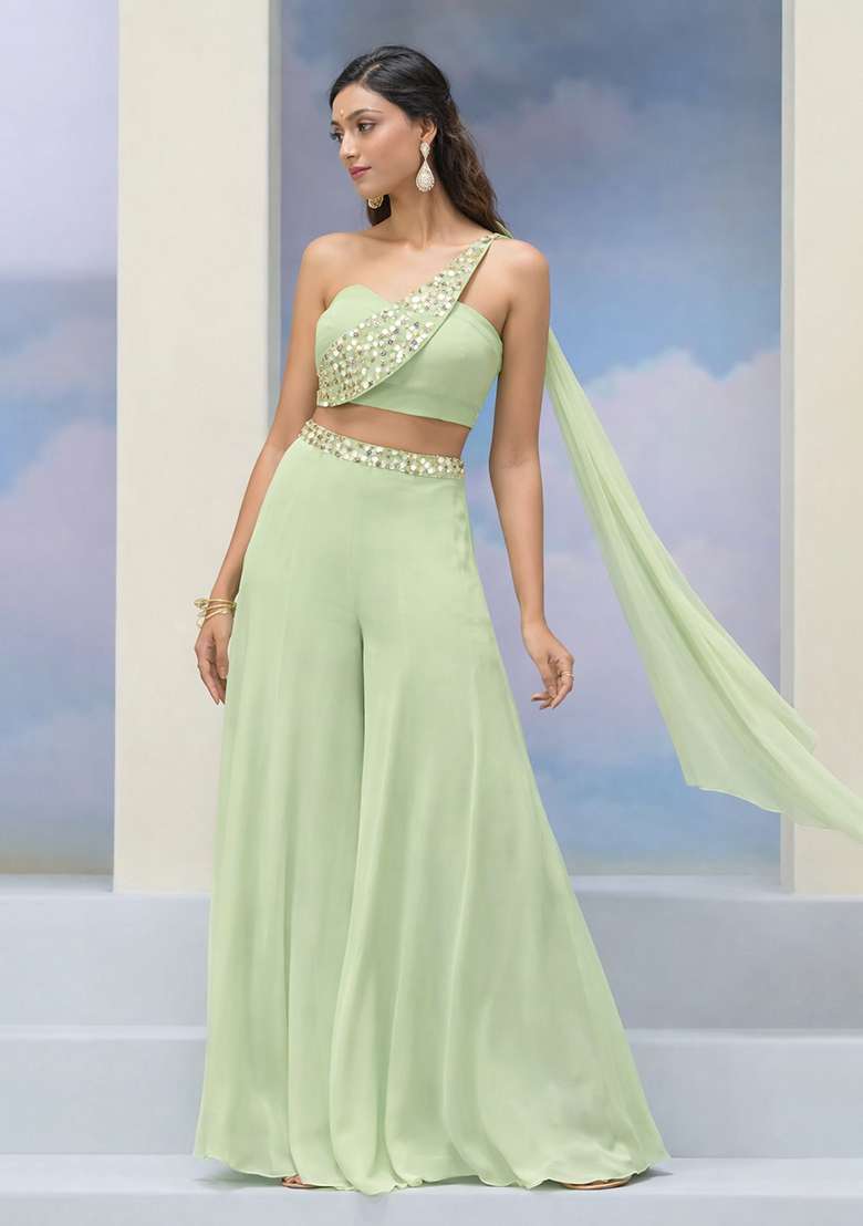 Pista Green Crepe Handwork Fusion Set - Indya