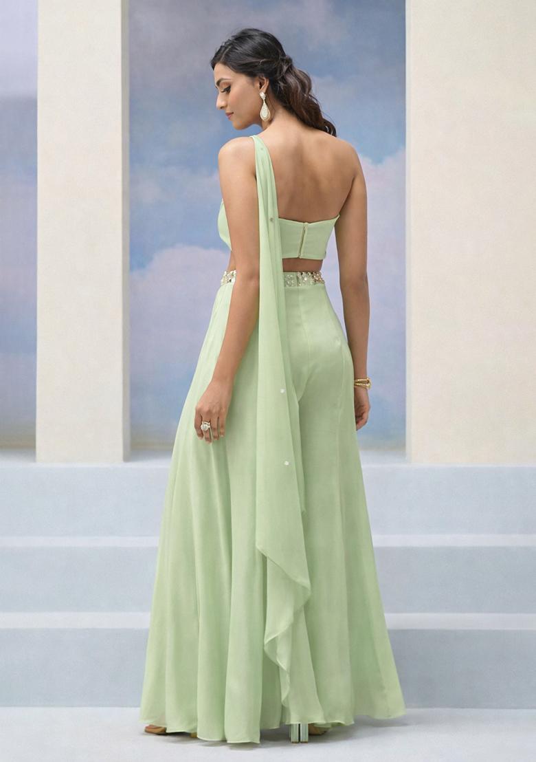 Pista Green Crepe Handwork Fusion Set - Indya