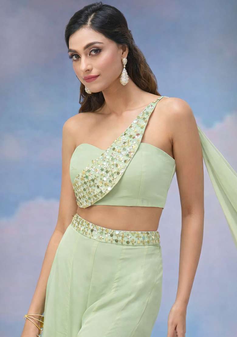 Pista Green Crepe Handwork Fusion Set - Indya