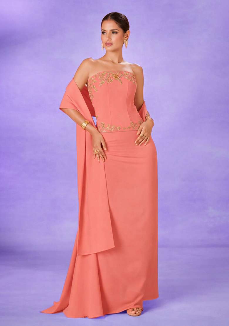 Coral Peach Crepe Handwork Fusion Set - Indya