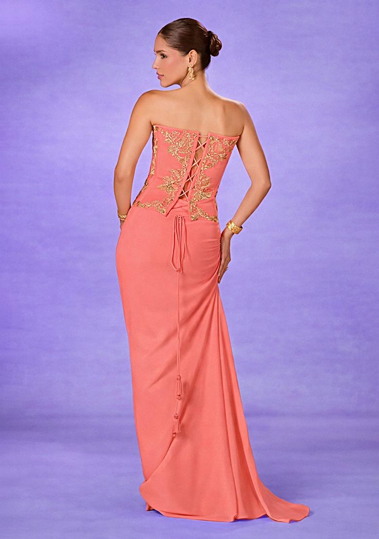 Coral Peach Crepe Handwork Fusion Set - Indya