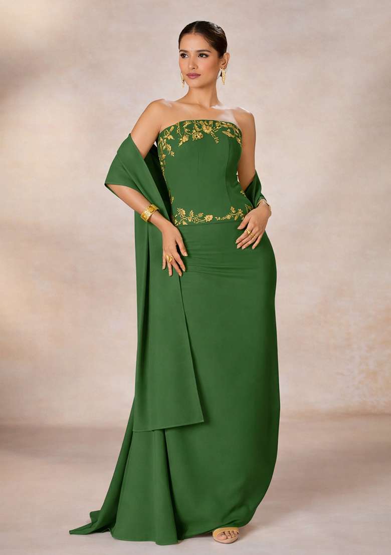 Emerald Green Crepe Handwork Fusion Set - Indya