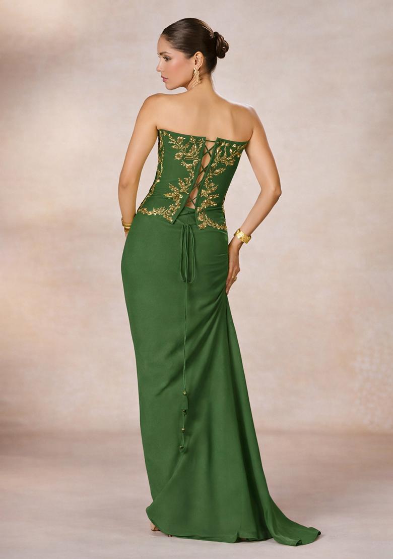 Emerald Green Crepe Handwork Fusion Set - Indya