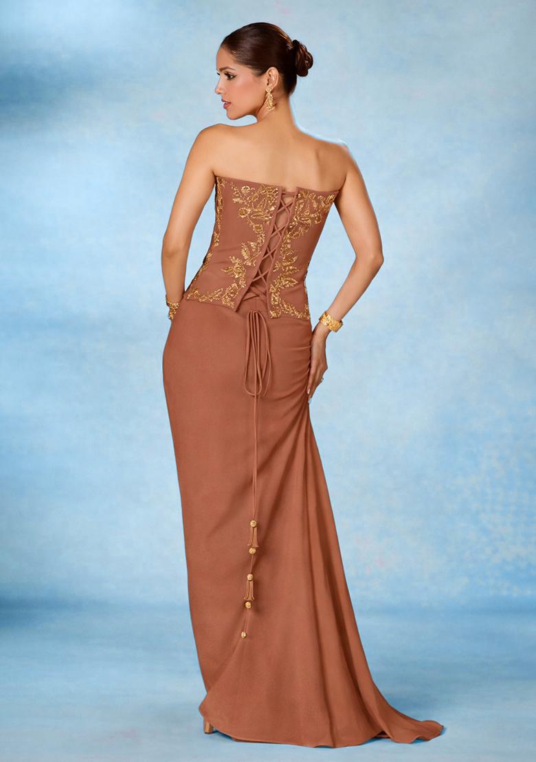 Rust Crepe Handwork Fusion Set - Indya