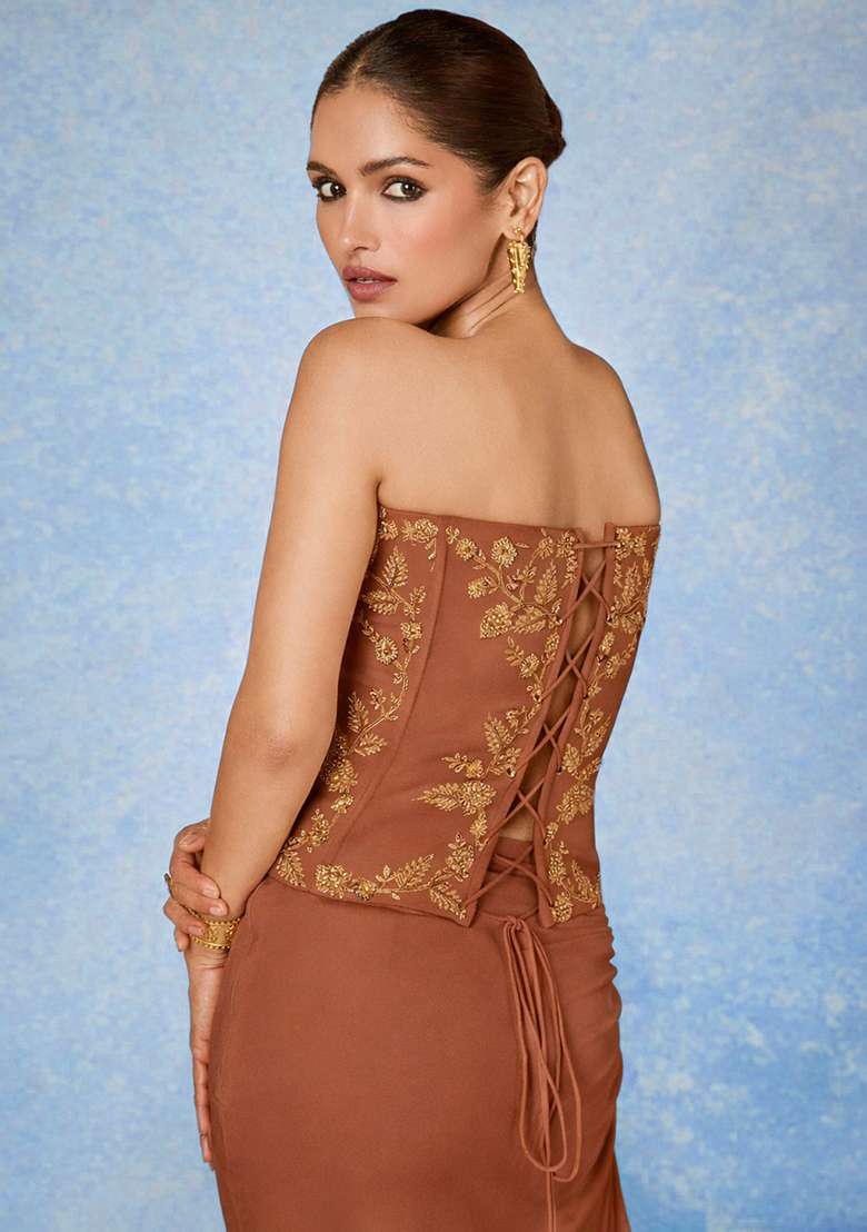 Rust Crepe Handwork Fusion Set - Indya