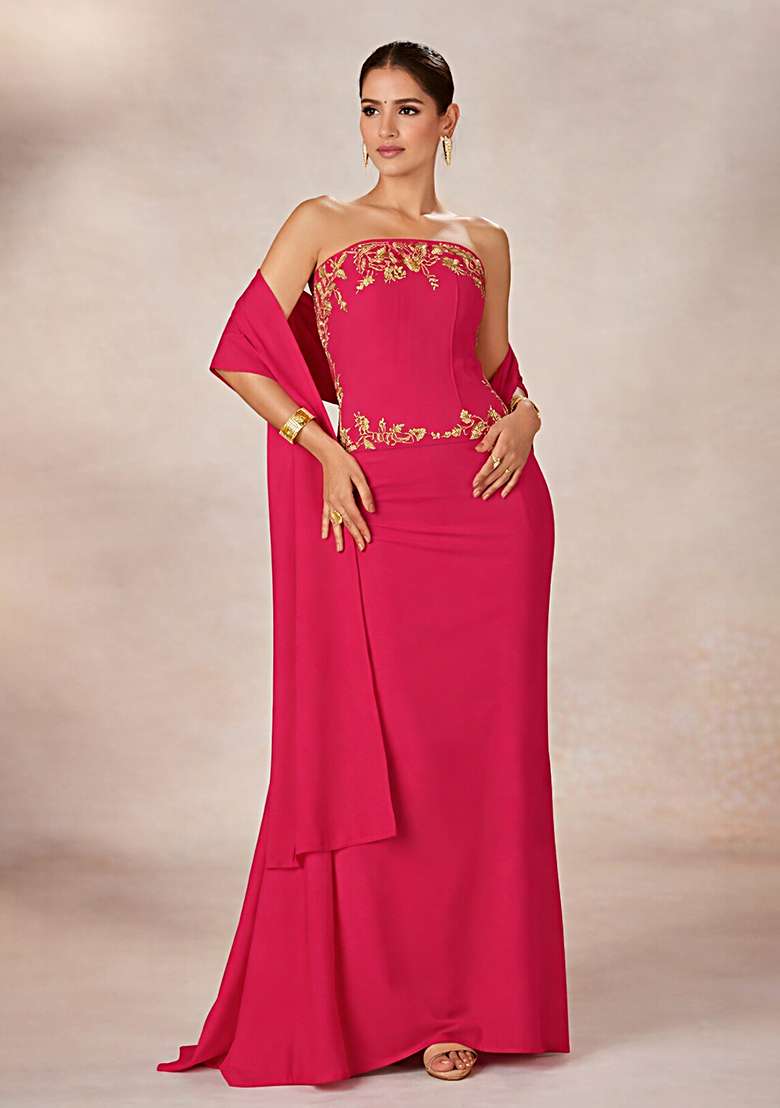 Rani Pink Crepe Handwork Fusion Set - Indya