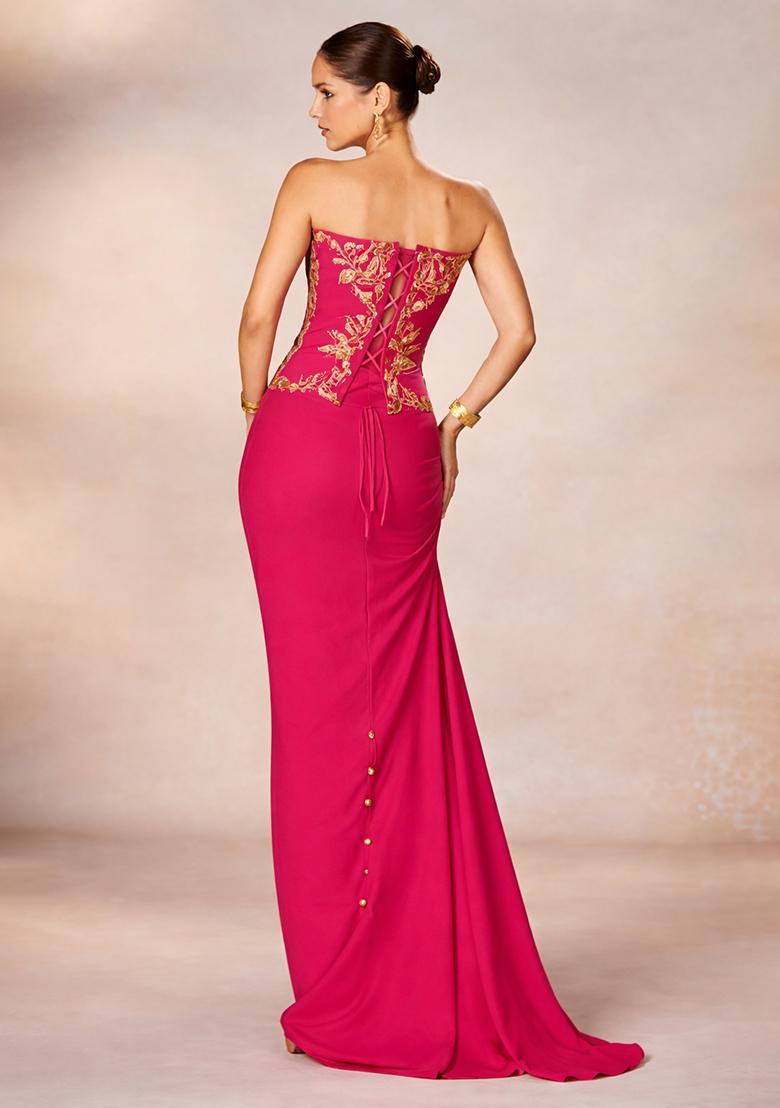 Rani Pink Crepe Handwork Fusion Set - Indya