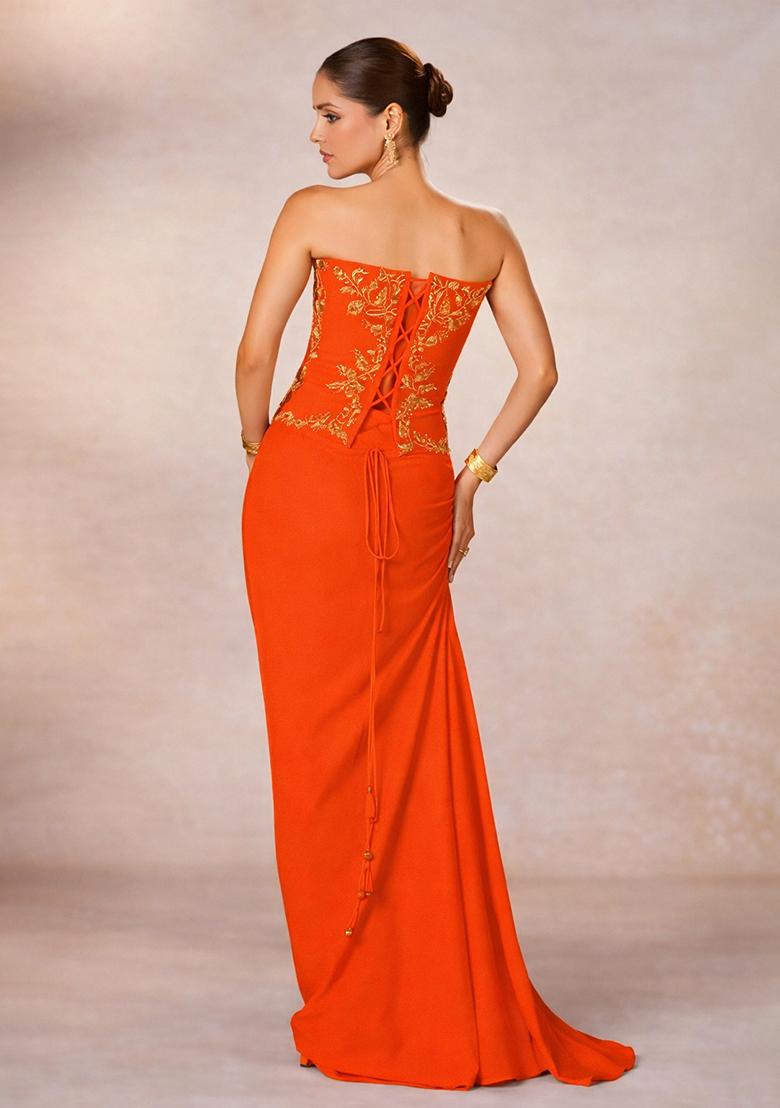 Orange Crepe Handwork Fusion Set - Indya