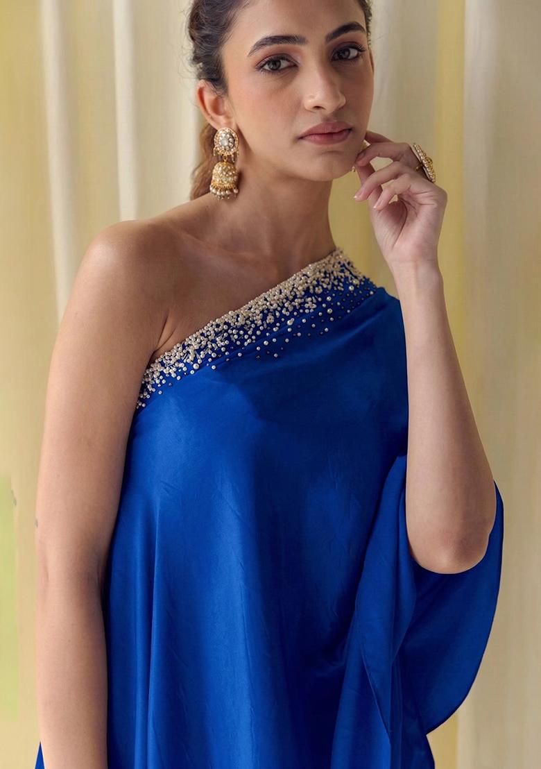 Royal Blue Crepe Handwork Fusion Set - Indya