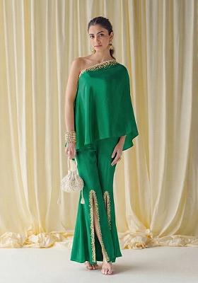 Emerald&nbsp;Green Crepe Handwork Fusion Set