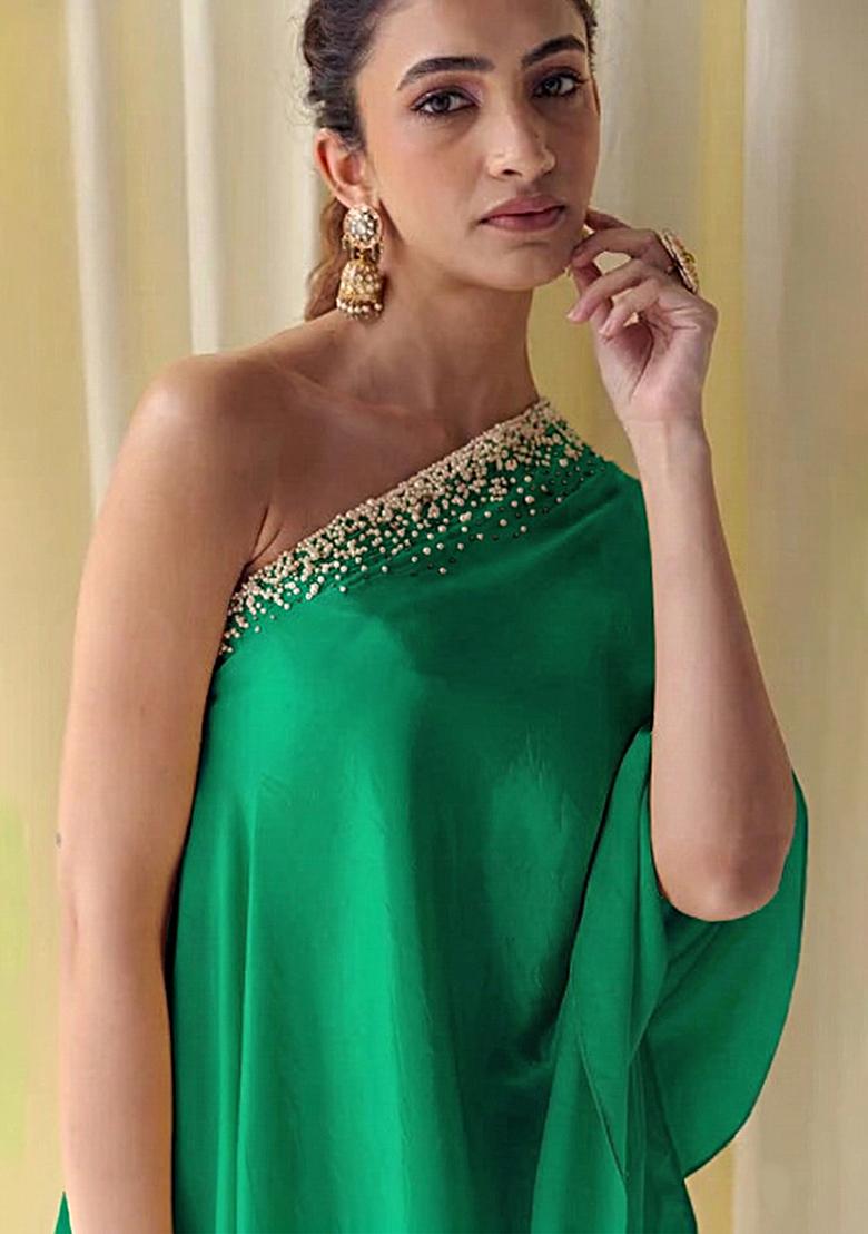 Emerald&nbsp;Green Crepe Handwork Fusion Set - Indya