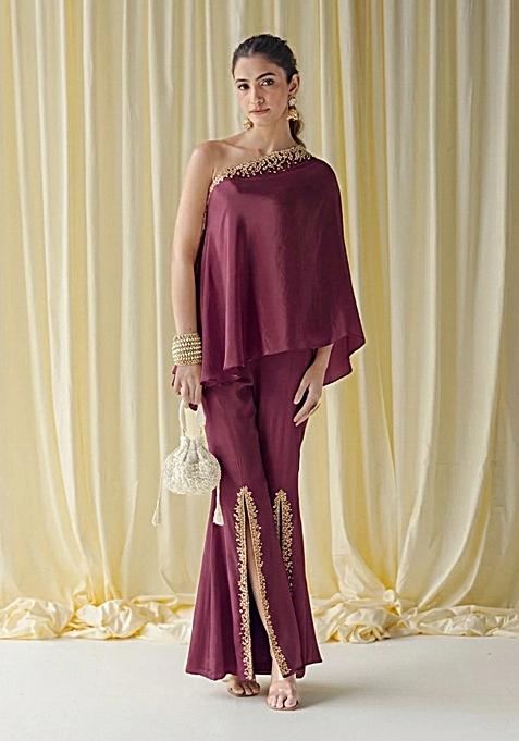 Deep Wine Crepe Handwork Fusion Set