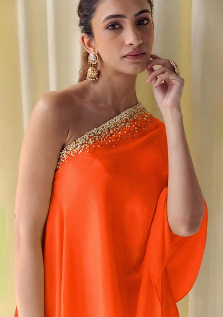 Orange Crepe Handwork Fusion Set - Indya