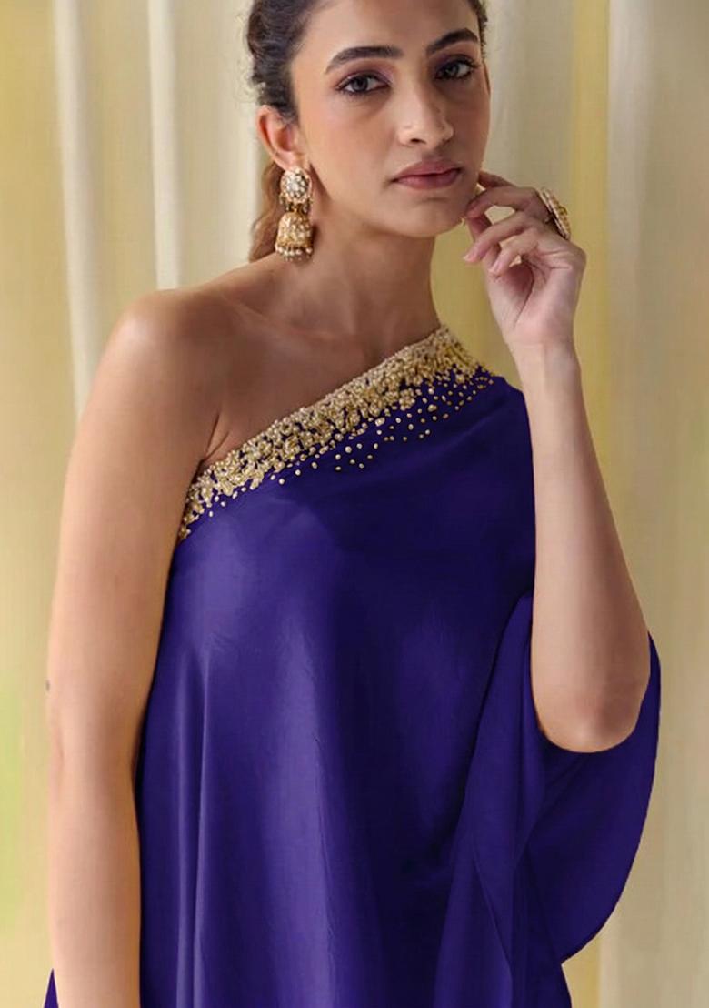 Indigo Blue Crepe Handwork Fusion Set - Indya