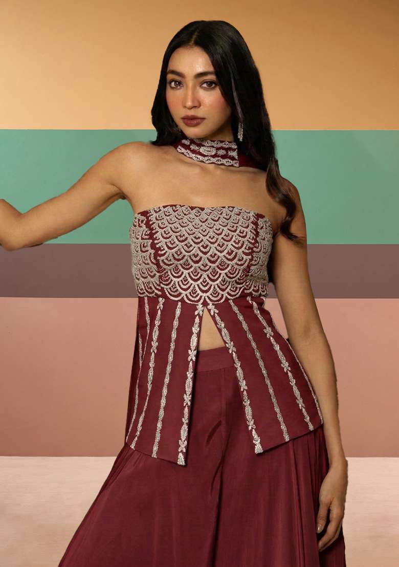 Brown Crepe Handwork Fusion Set - Indya
