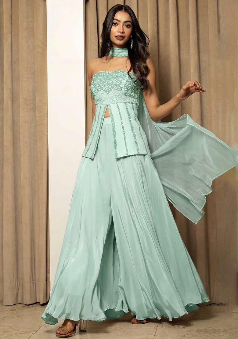 Light Blue Crepe Handwork Fusion Set - Indya