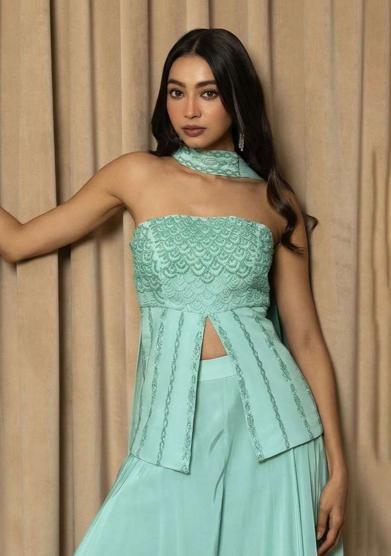 Light Blue Crepe Handwork Fusion Set - Indya