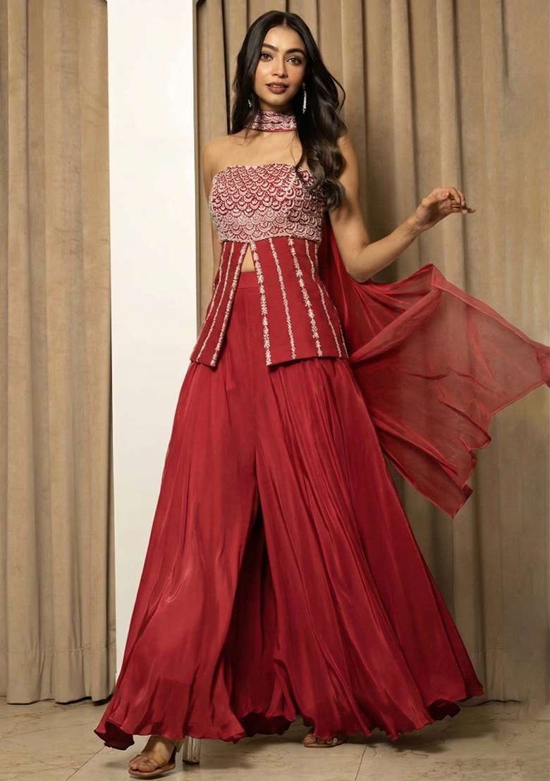 Orange Crepe Handwork Fusion Set - Indya