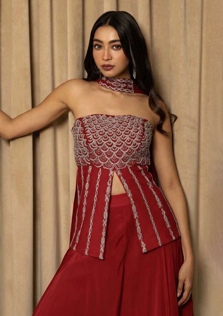 Orange Crepe Handwork Fusion Set - Indya