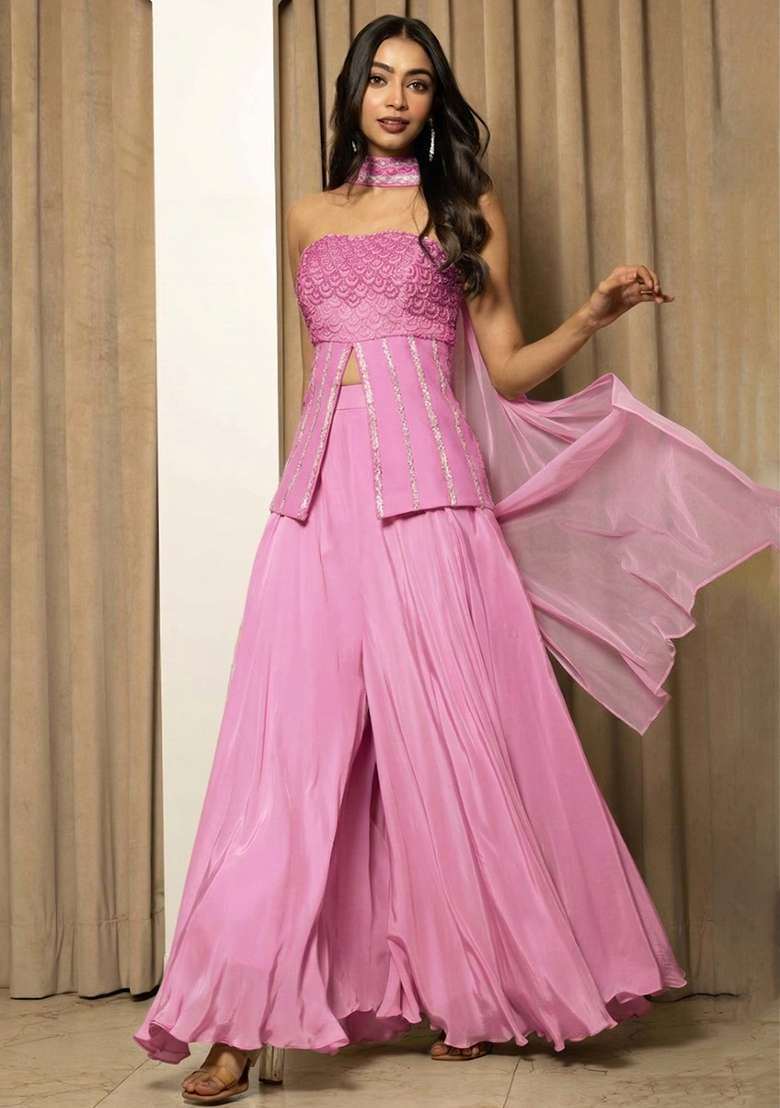 Pink Crepe Handwork Fusion Set - Indya