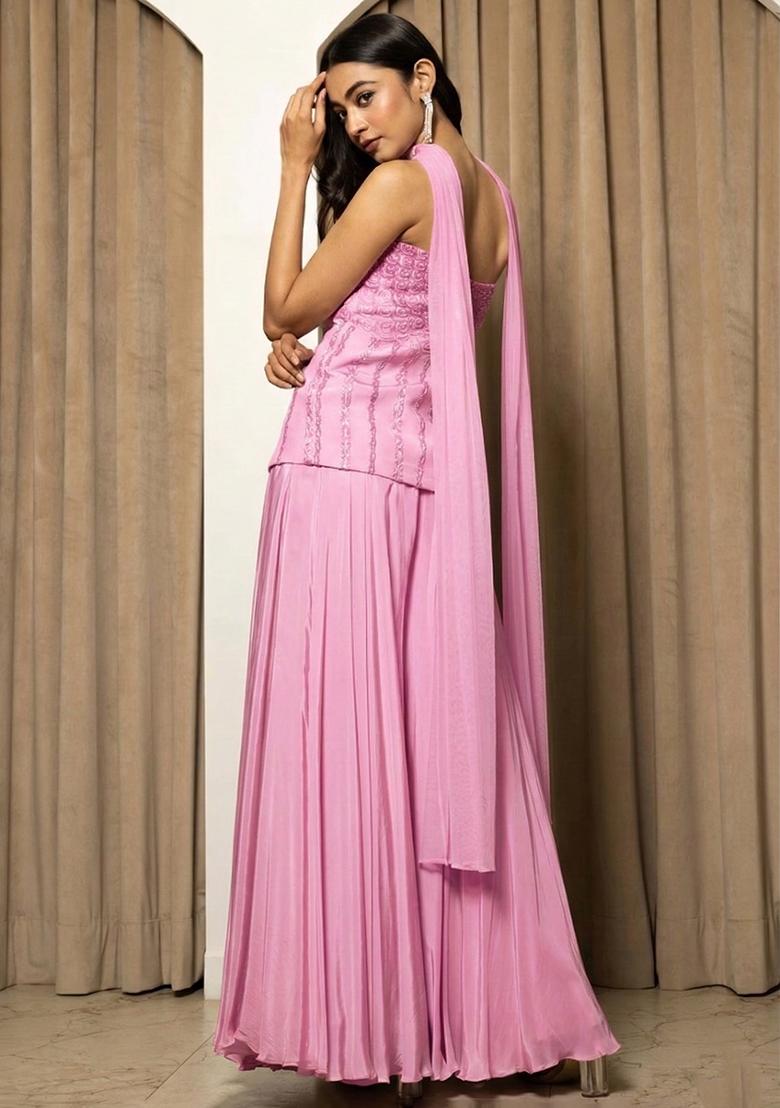 Pink Crepe Handwork Fusion Set - Indya