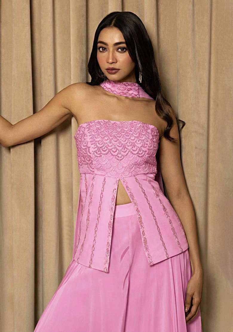 Pink Crepe Handwork Fusion Set - Indya