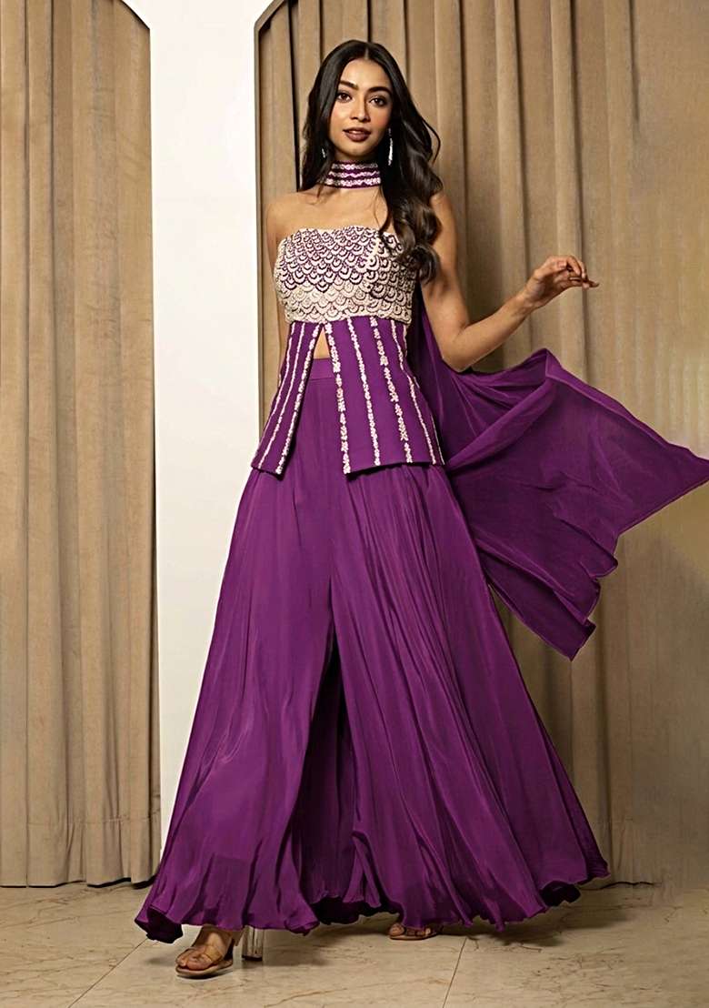 Purple Crepe Handwork Fusion Set - Indya