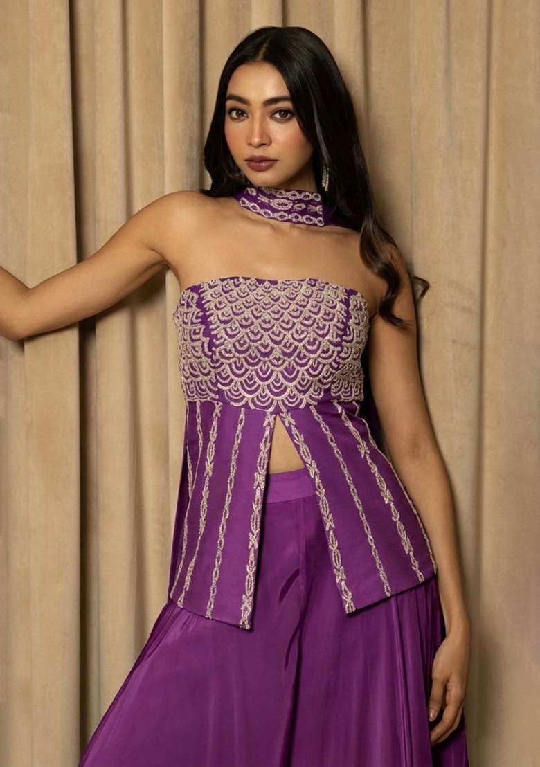 Purple Crepe Handwork Fusion Set - Indya