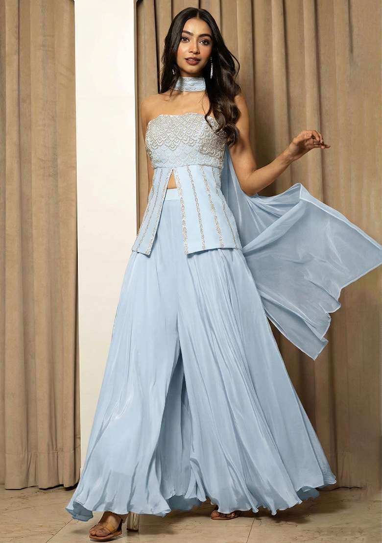Light Blue Crepe Handwork Fusion Set - Indya