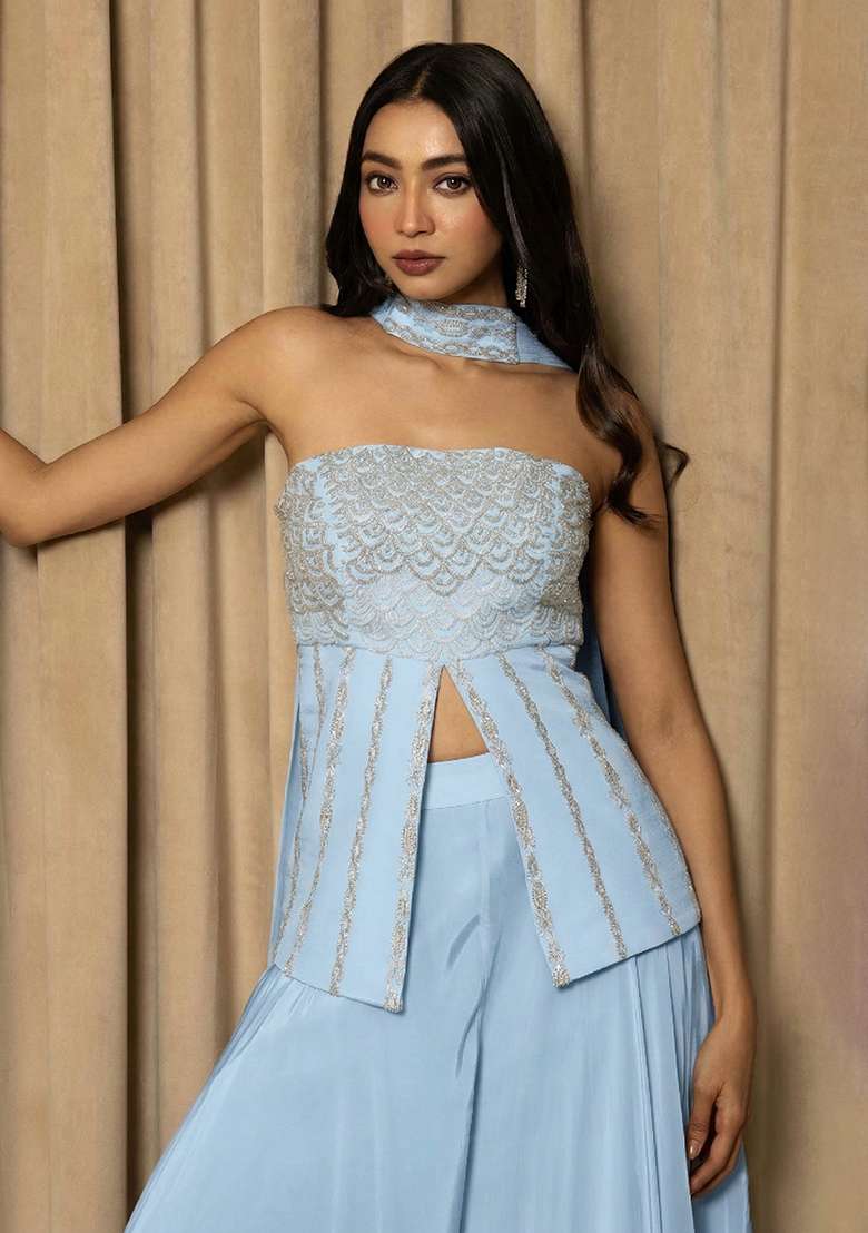 Light Blue Crepe Handwork Fusion Set - Indya