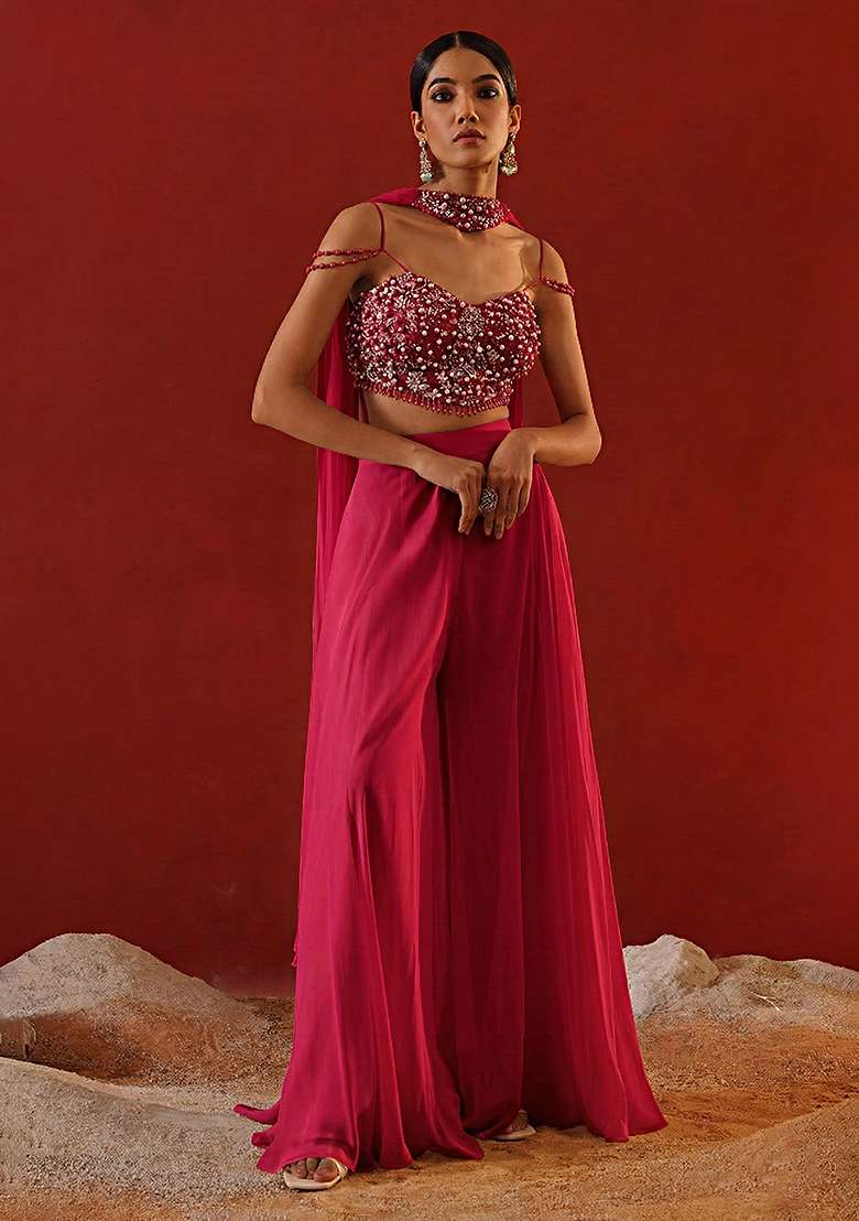 Rani Pink Chinon Handwork Fusion Set - Indya