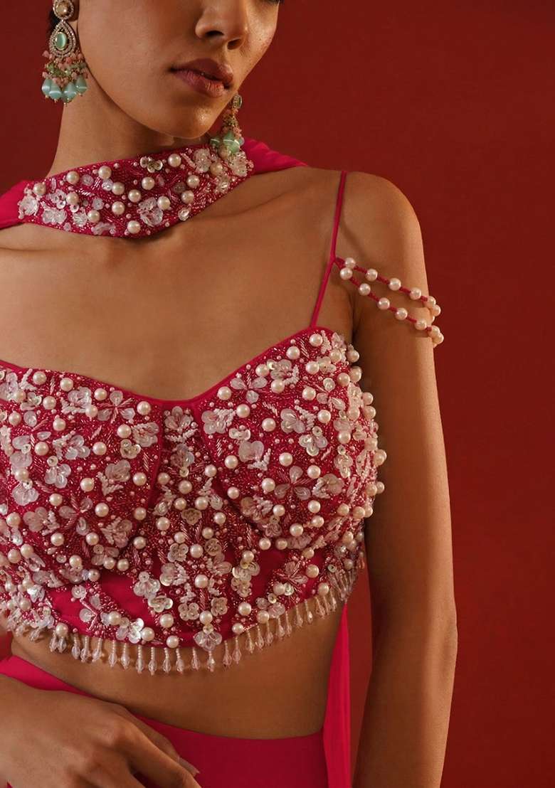 Rani Pink Chinon Handwork Fusion Set - Indya