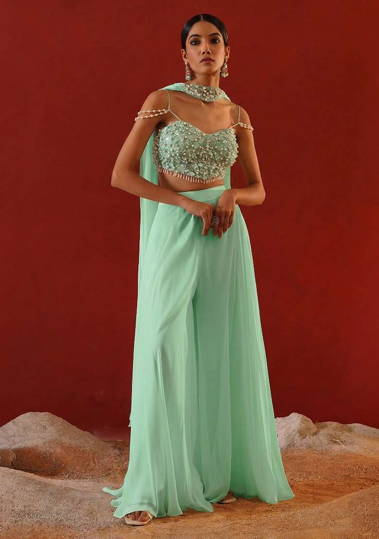 Mint Green Chinon Handwork Fusion Set - Indya