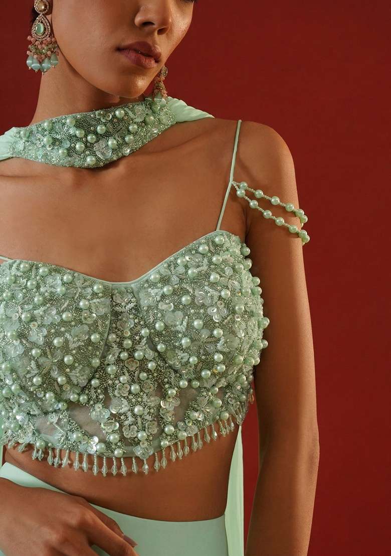 Mint Green Chinon Handwork Fusion Set - Indya