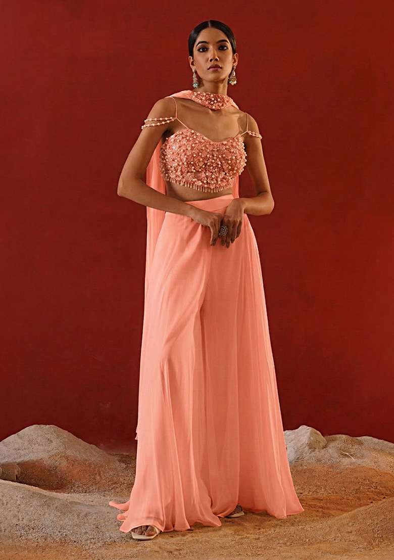 Peach Chinon Handwork Fusion Set - Indya