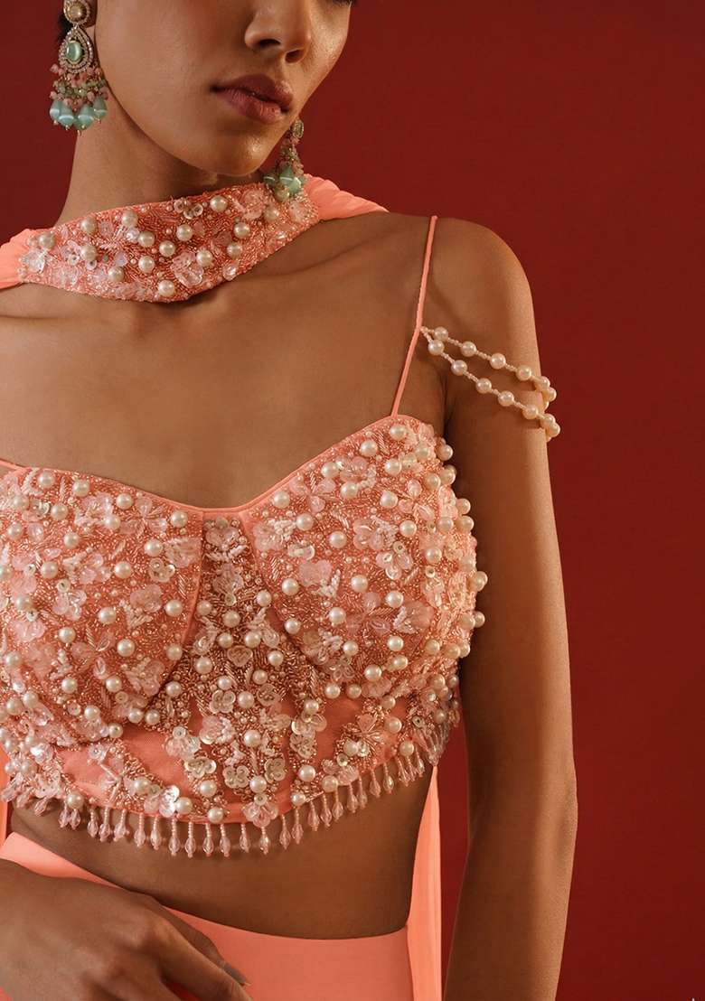 Peach Chinon Handwork Fusion Set - Indya