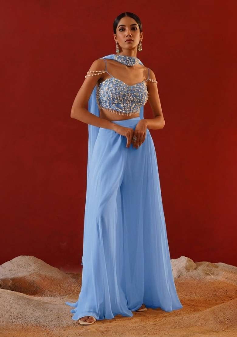 Sky Blue Chinon Handwork Fusion Set - Indya