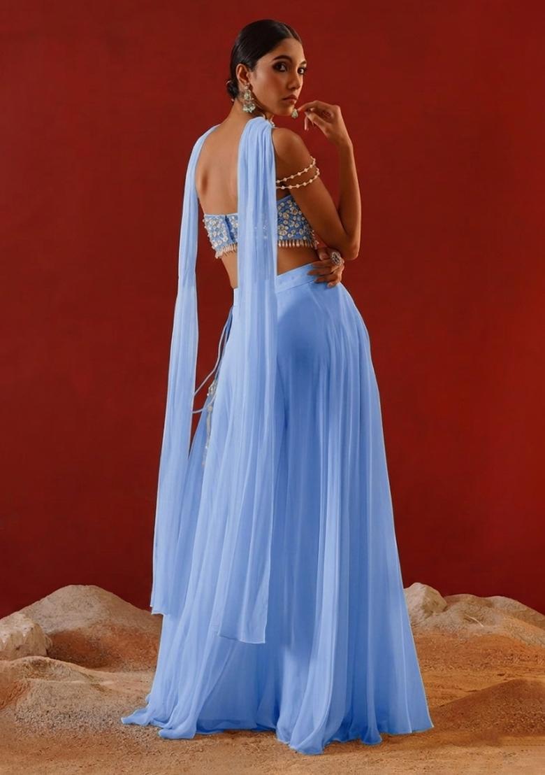 Sky Blue Chinon Handwork Fusion Set - Indya