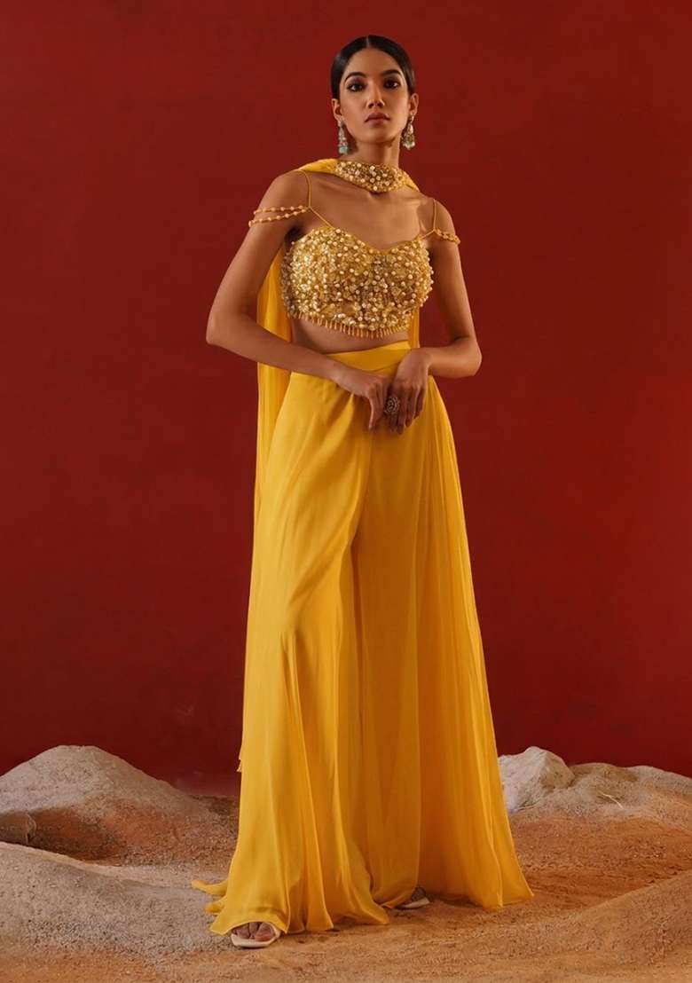 Yellow Chinon Handwork Fusion Set - Indya