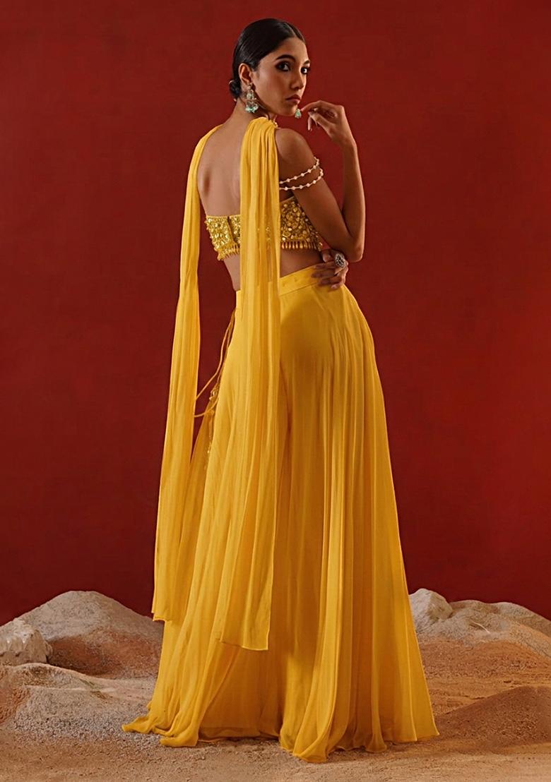 Yellow Chinon Handwork Fusion Set - Indya