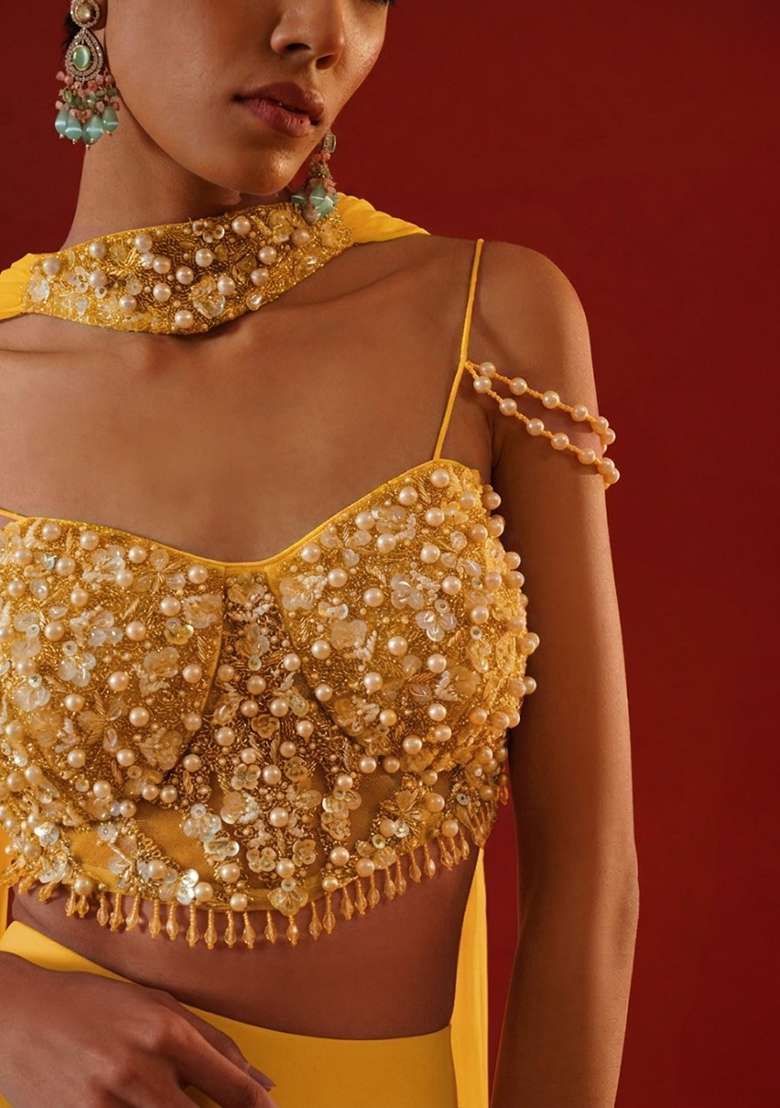 Yellow Chinon Handwork Fusion Set - Indya