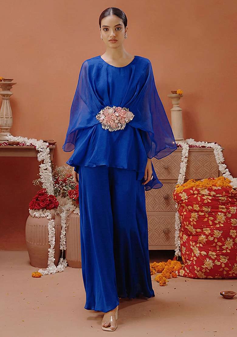 Royal Blue Organza Fusion Set with Handwork for Diwali | Wedding & Festive Wear - Indya