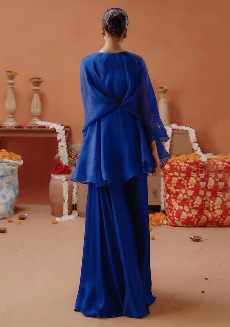 Royal Blue Organza Handwork Fusion Set - Indya