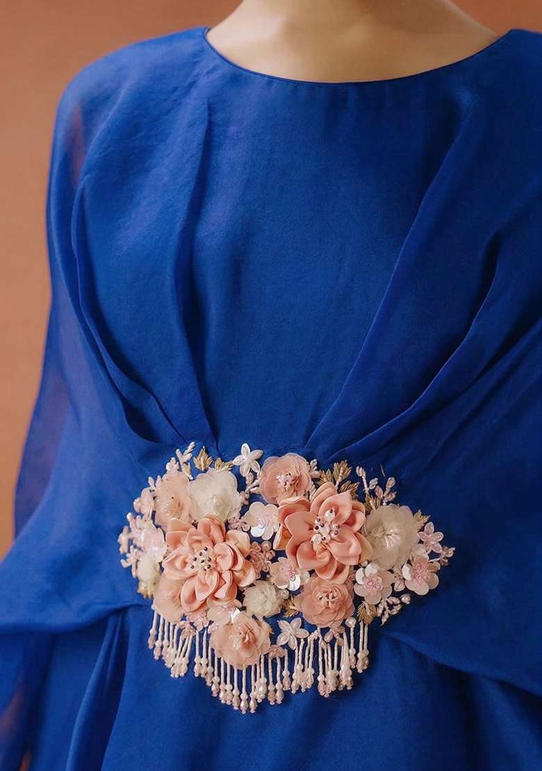 Royal Blue Organza Fusion Set with Handwork for Diwali | Wedding & Festive Wear - Indya