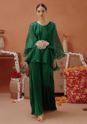 Bottle Green Organza Handwork Fusion Set