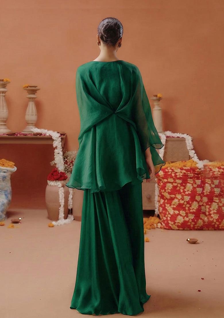 Bottle Green Organza Handwork Fusion Set - Indya