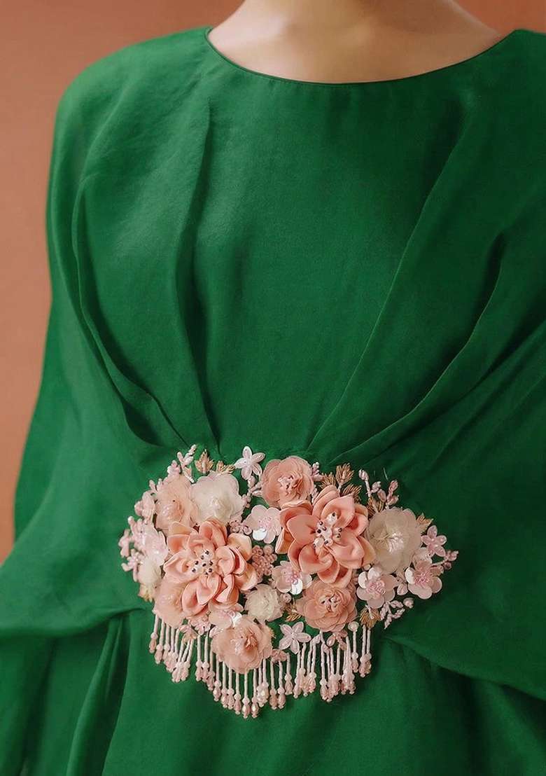 Bottle Green Organza Handwork Fusion Set for Diwali and Festive Wear - Indya