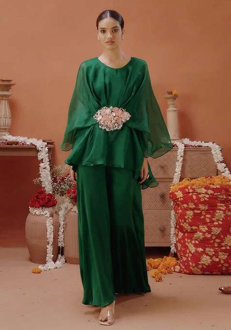 Bottle Green Organza Handwork Fusion Set for Diwali and Festive Wear